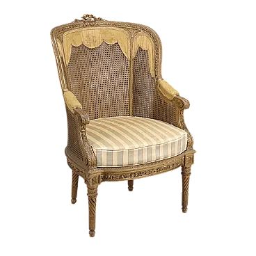 Poltrona in canna, tessuto e paglia di Vienna con cuscino, fine '800