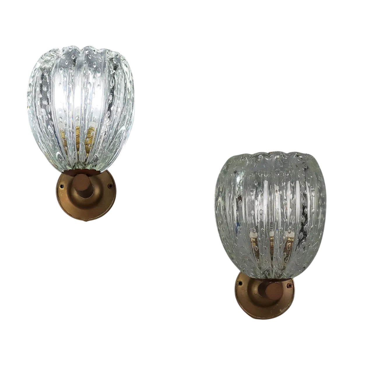 Coppia di lampade da parete in ottone e vetro di Murano, '900 8