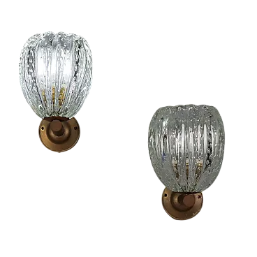 Coppia di lampade da parete in ottone e vetro di Murano, '900