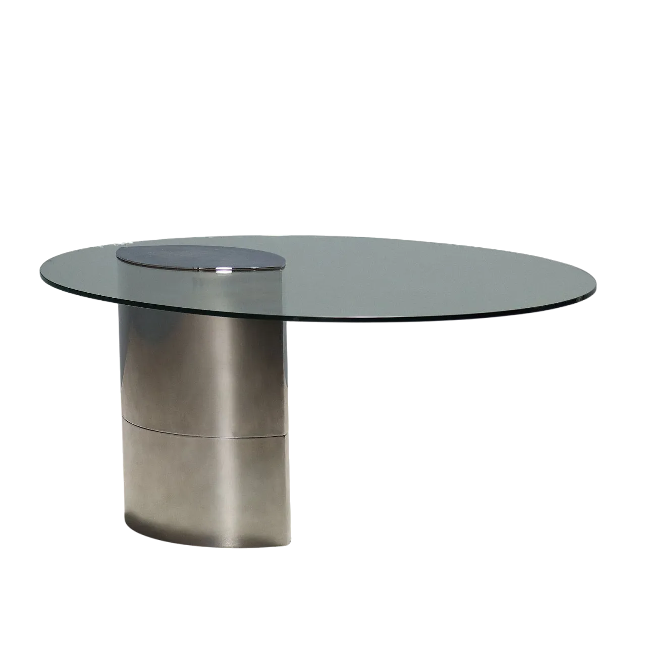 Tavolo con piano in vetro e base in acciaio stampato, '900 10