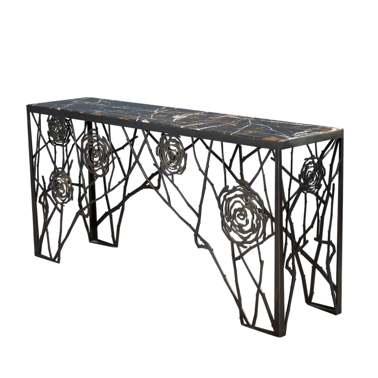 Consolle in ottone con motivo di rose e piano in marmo, '900 10