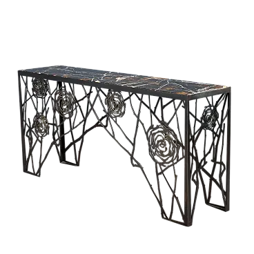 Consolle in ottone con motivo di rose e piano in marmo, '900