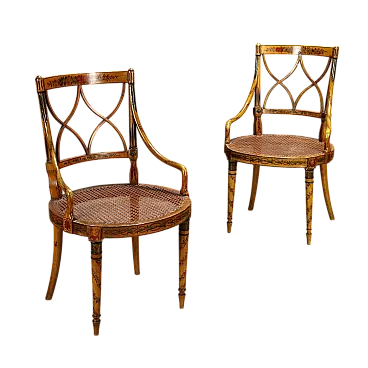 Coppia di poltrone in noce laccato e paglia di Vienna, metà '800