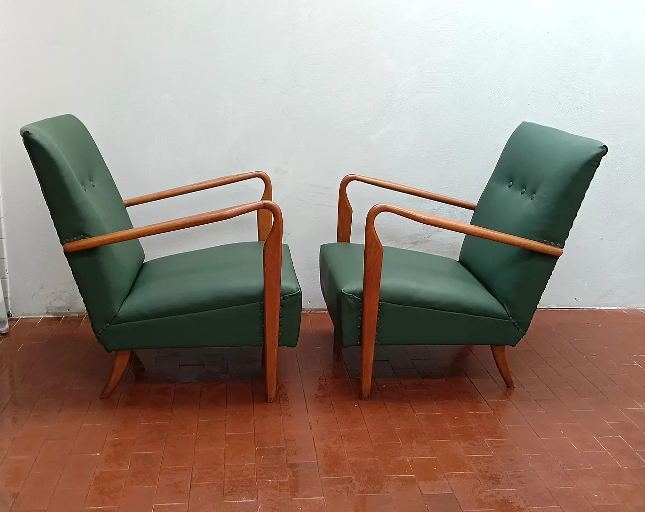 Pair of armchair 401 by Cassina walnut, calfskin, 50s 3