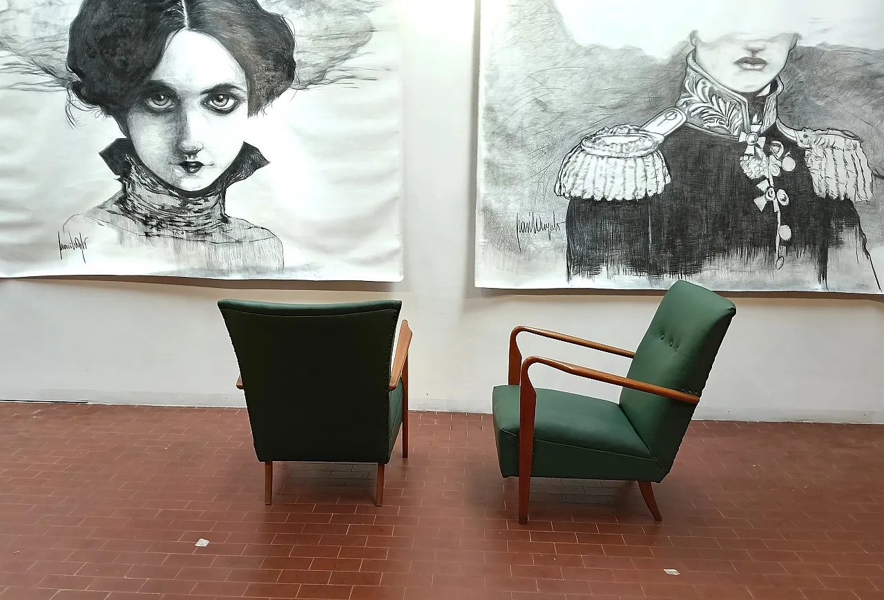 Pair of armchair 401 by Cassina walnut, calfskin, 50s 10