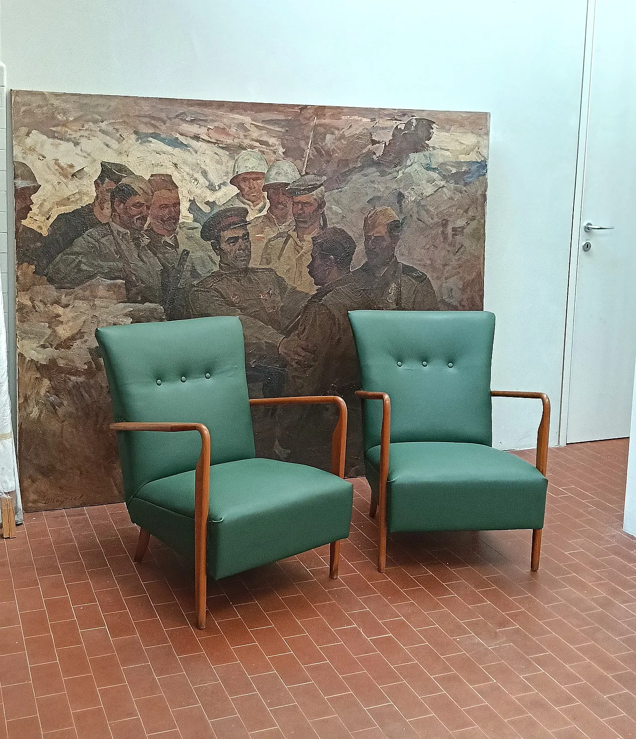 Pair of armchair 401 by Cassina walnut, calfskin, 50s 18