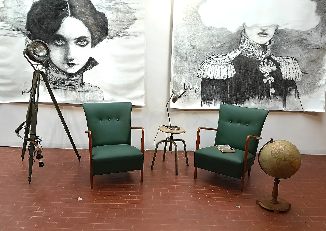 Pair of armchair 401 by Cassina walnut, calfskin, 50s 20