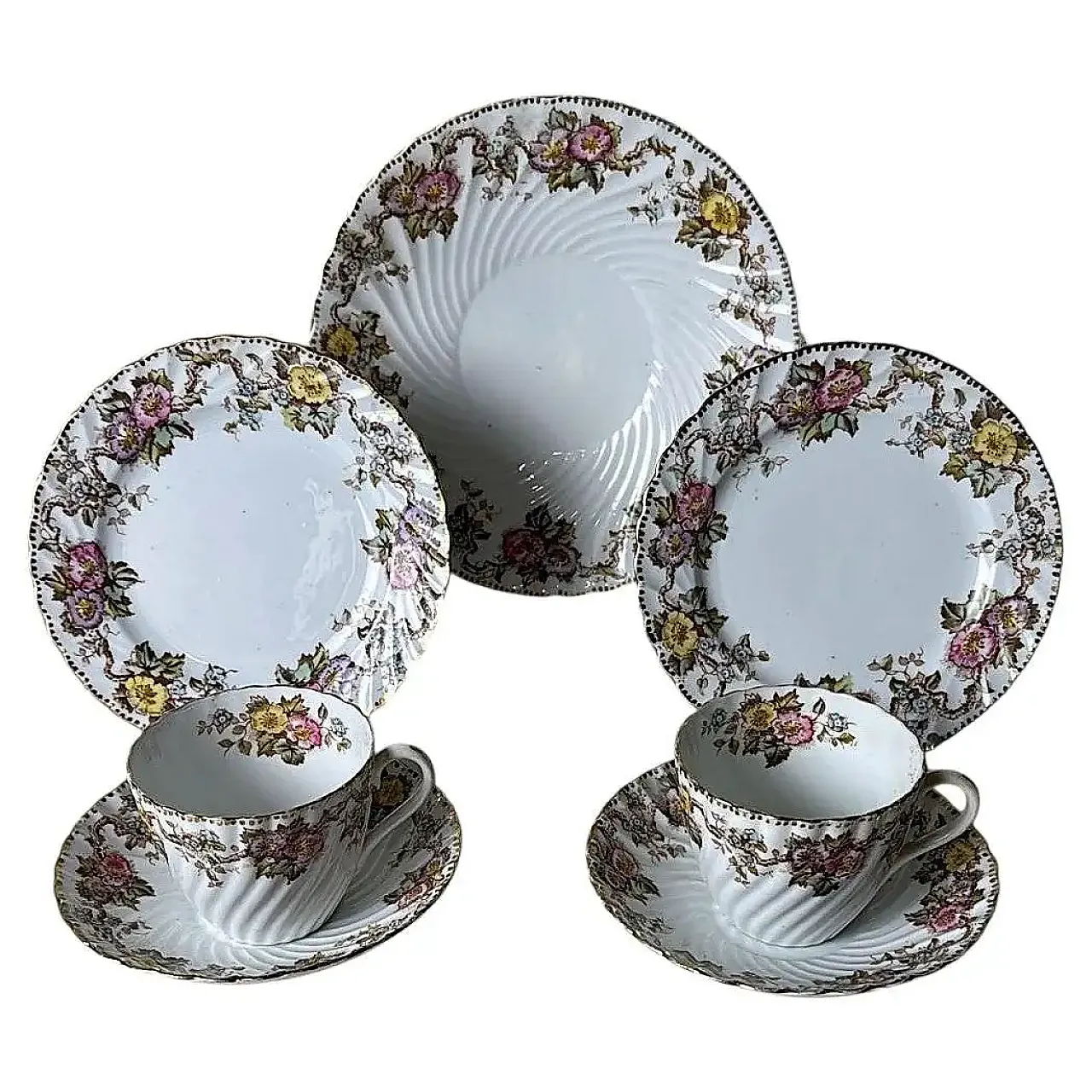 Coppia di tazze con piattini e vassoio di Staffordshire, '800 1