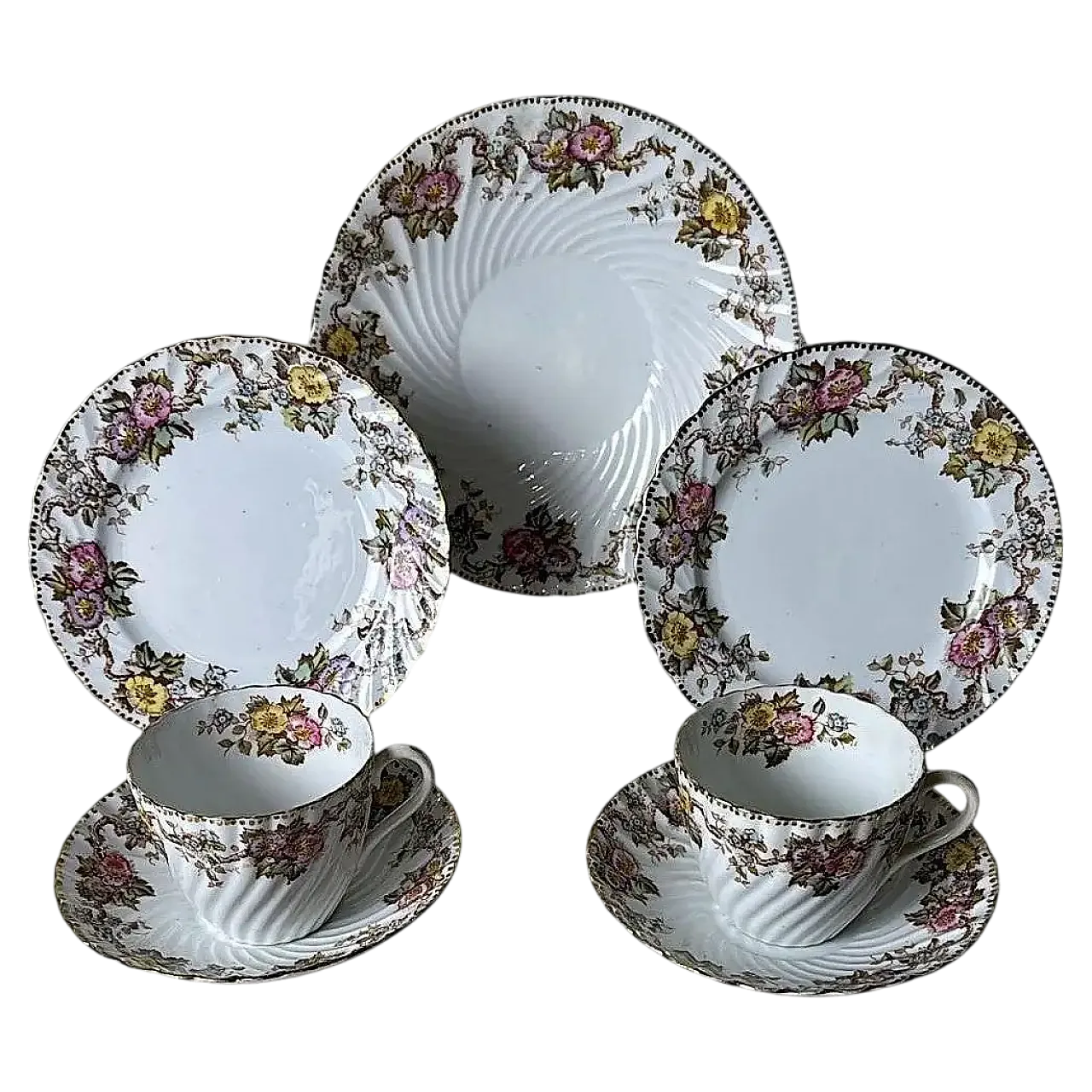 Coppia di tazze con piattini e vassoio di Staffordshire, '800 8