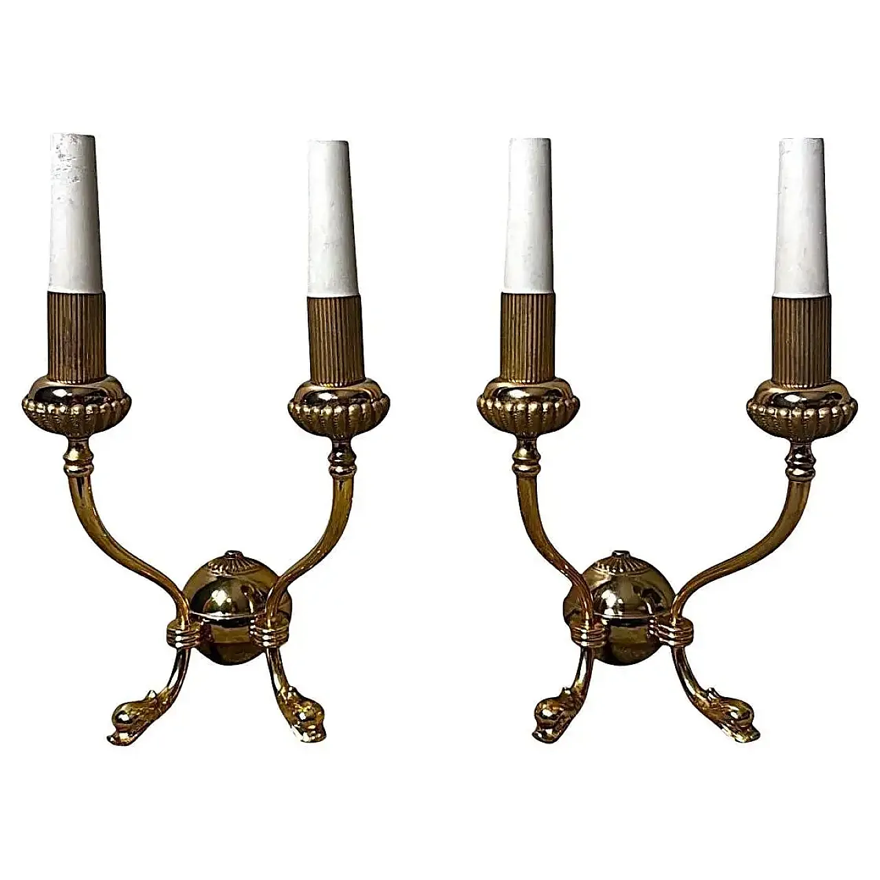 Coppia di lampade a due luci in ottone dorato stile Impero, '800 1