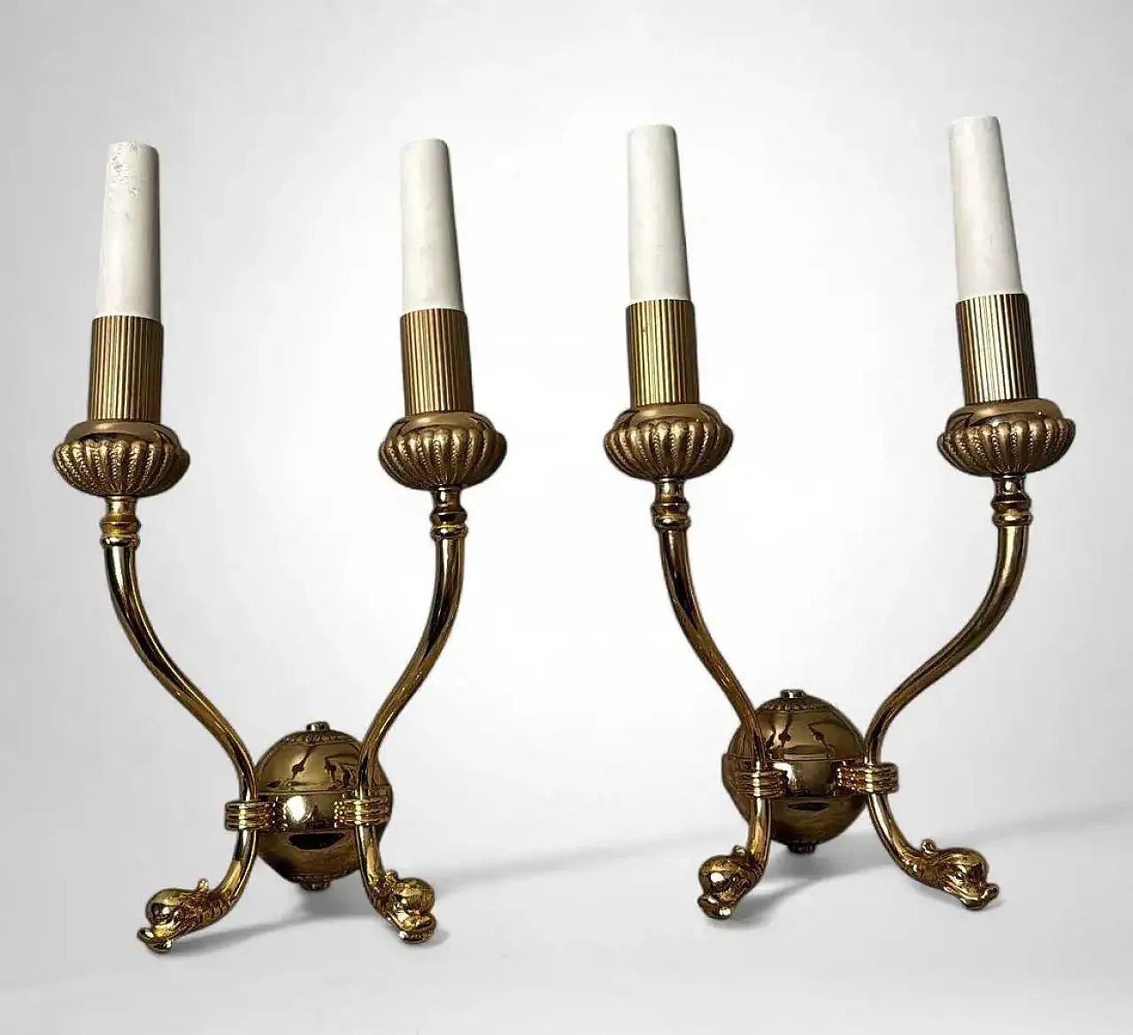 Coppia di lampade a due luci in ottone dorato stile Impero, '800 3