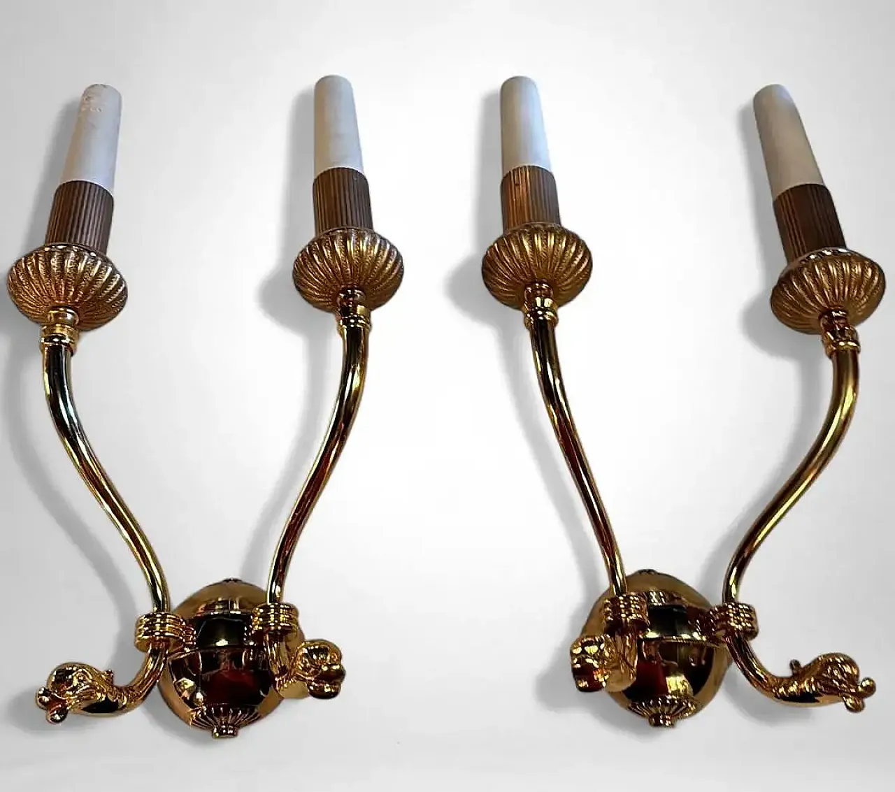 Coppia di lampade a due luci in ottone dorato stile Impero, '800 4