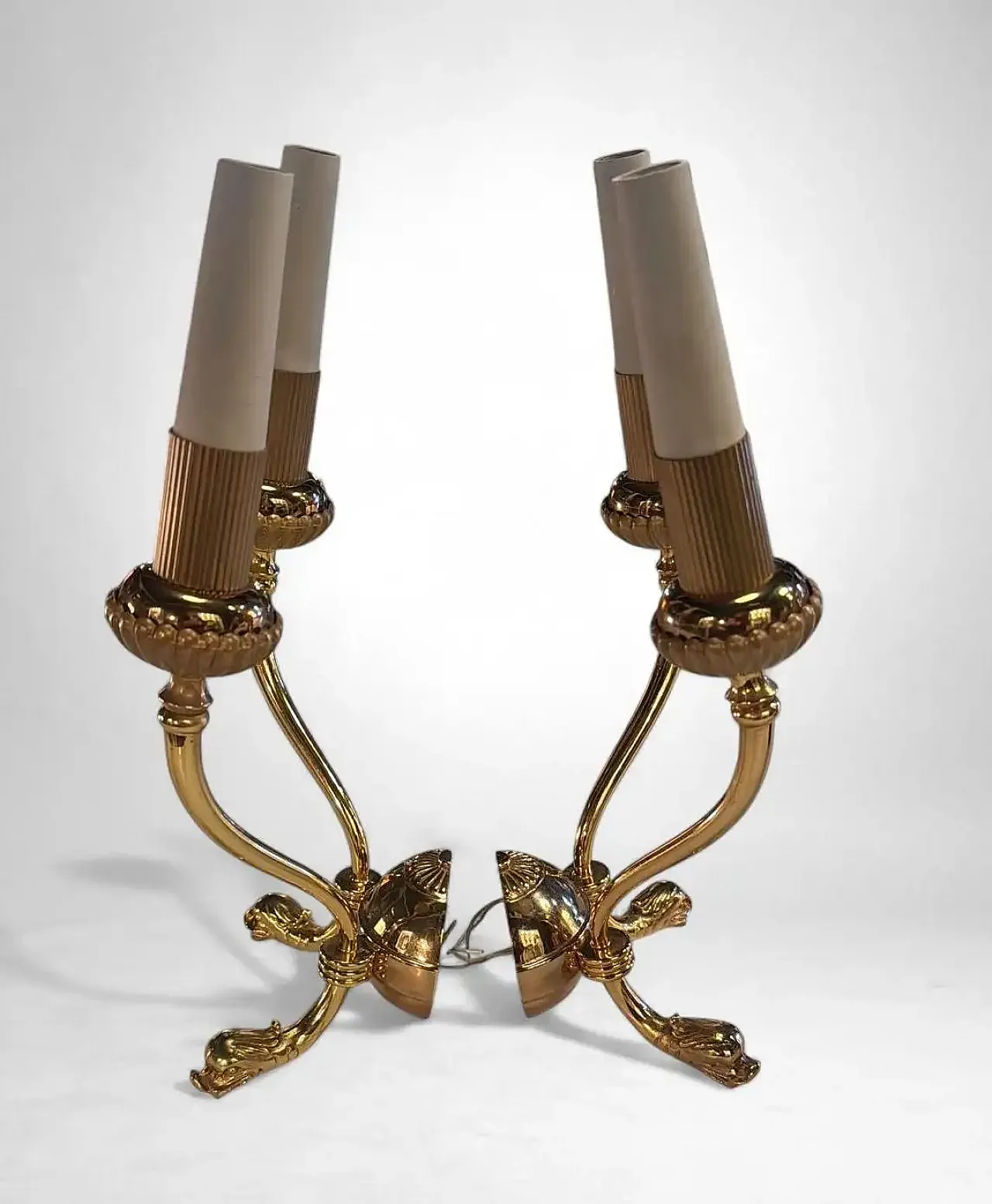 Coppia di lampade a due luci in ottone dorato stile Impero, '800 5