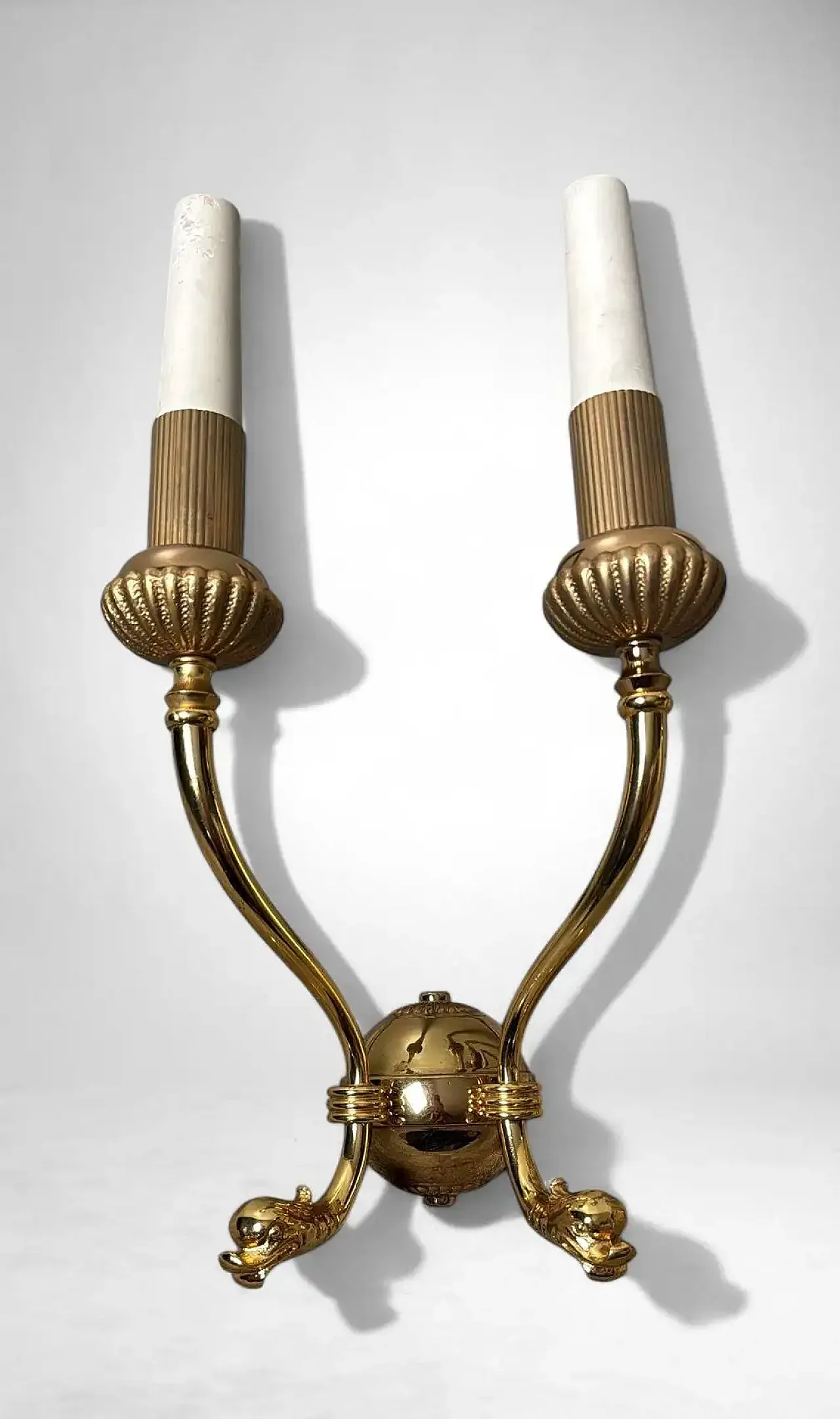 Coppia di lampade a due luci in ottone dorato stile Impero, '800 7