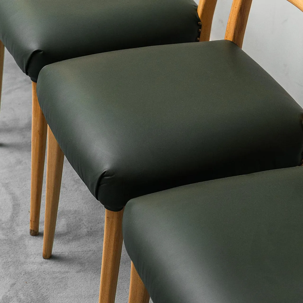 6 chairs in wood and green leather, 1960s 4