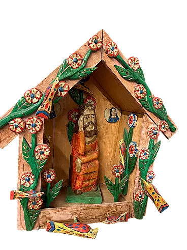 Opera contemporanea in legno dipinta, Capanna con Gesù, '900