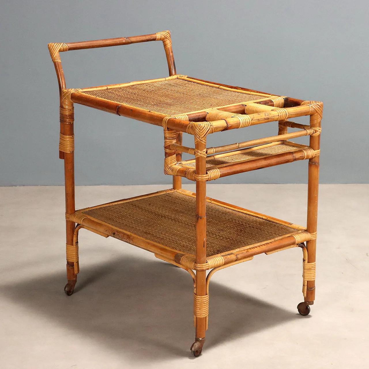 Bamboo frame kitchen cart with wicker shelves, 20th century 1