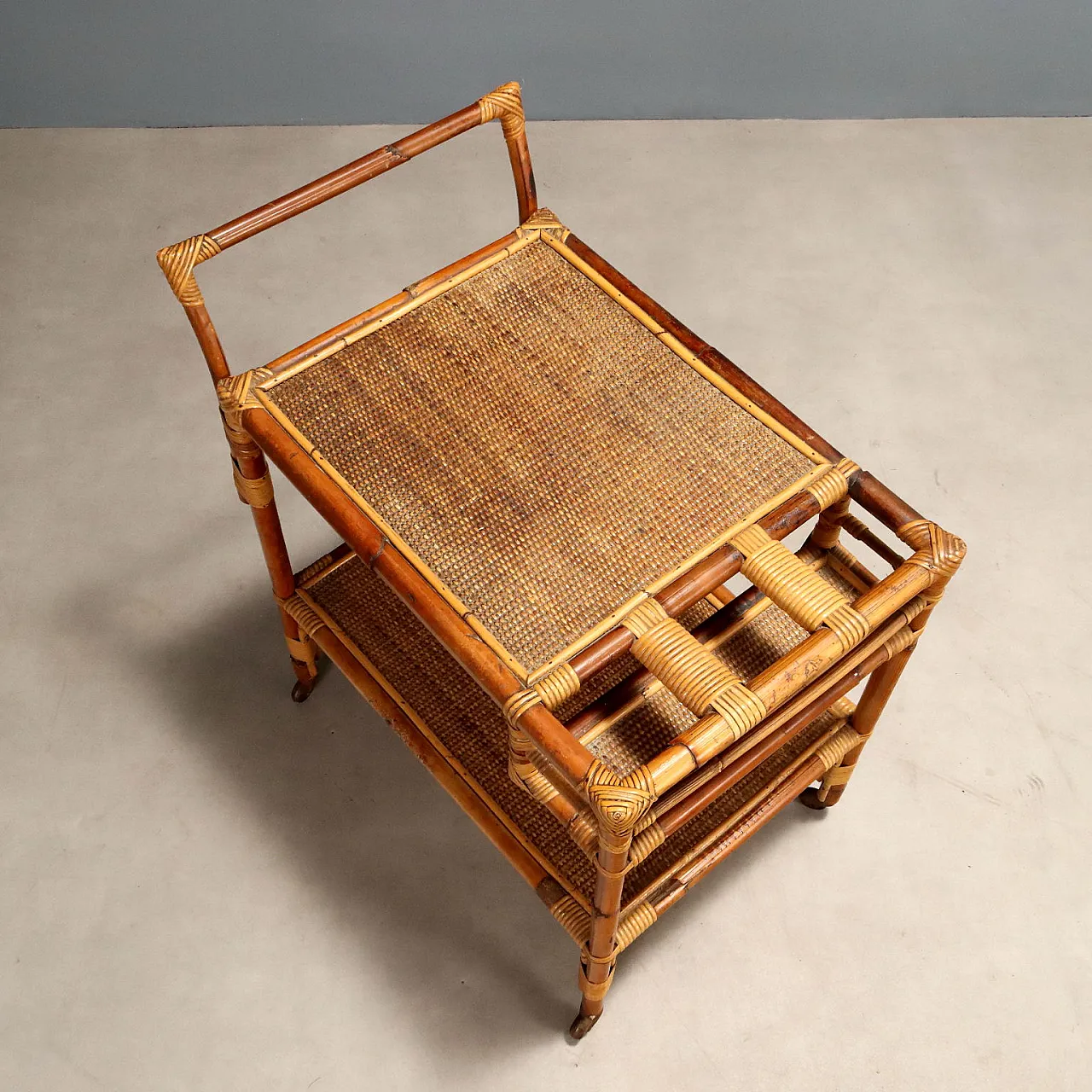 Bamboo frame kitchen cart with wicker shelves, 20th century 3