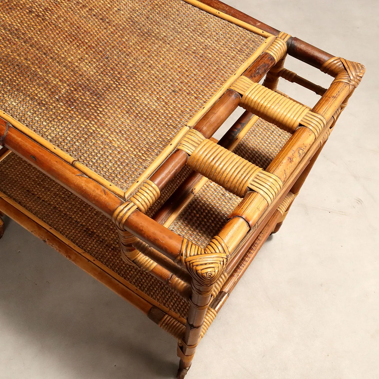 Bamboo frame kitchen cart with wicker shelves, 20th century 4