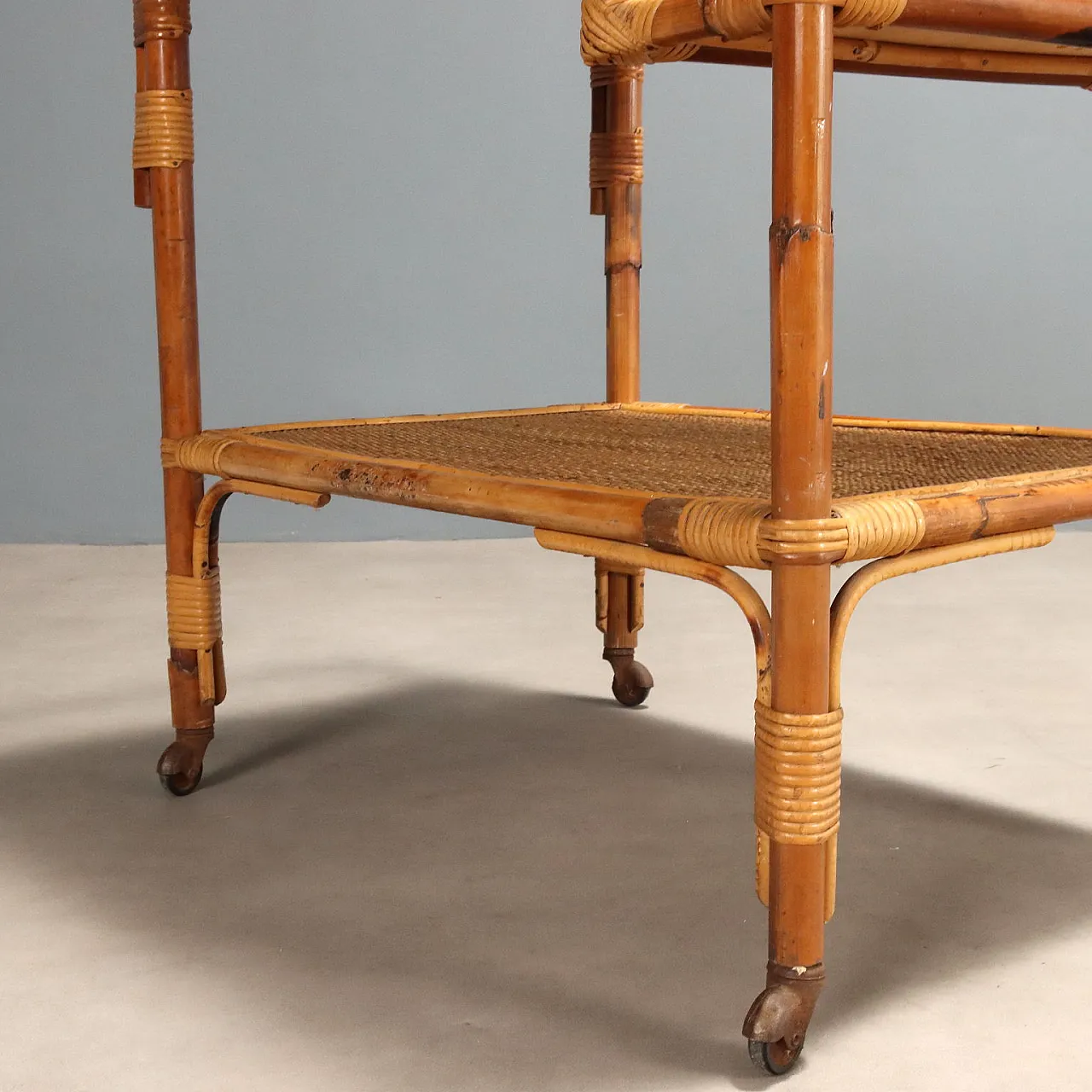 Bamboo frame kitchen cart with wicker shelves, 20th century 6