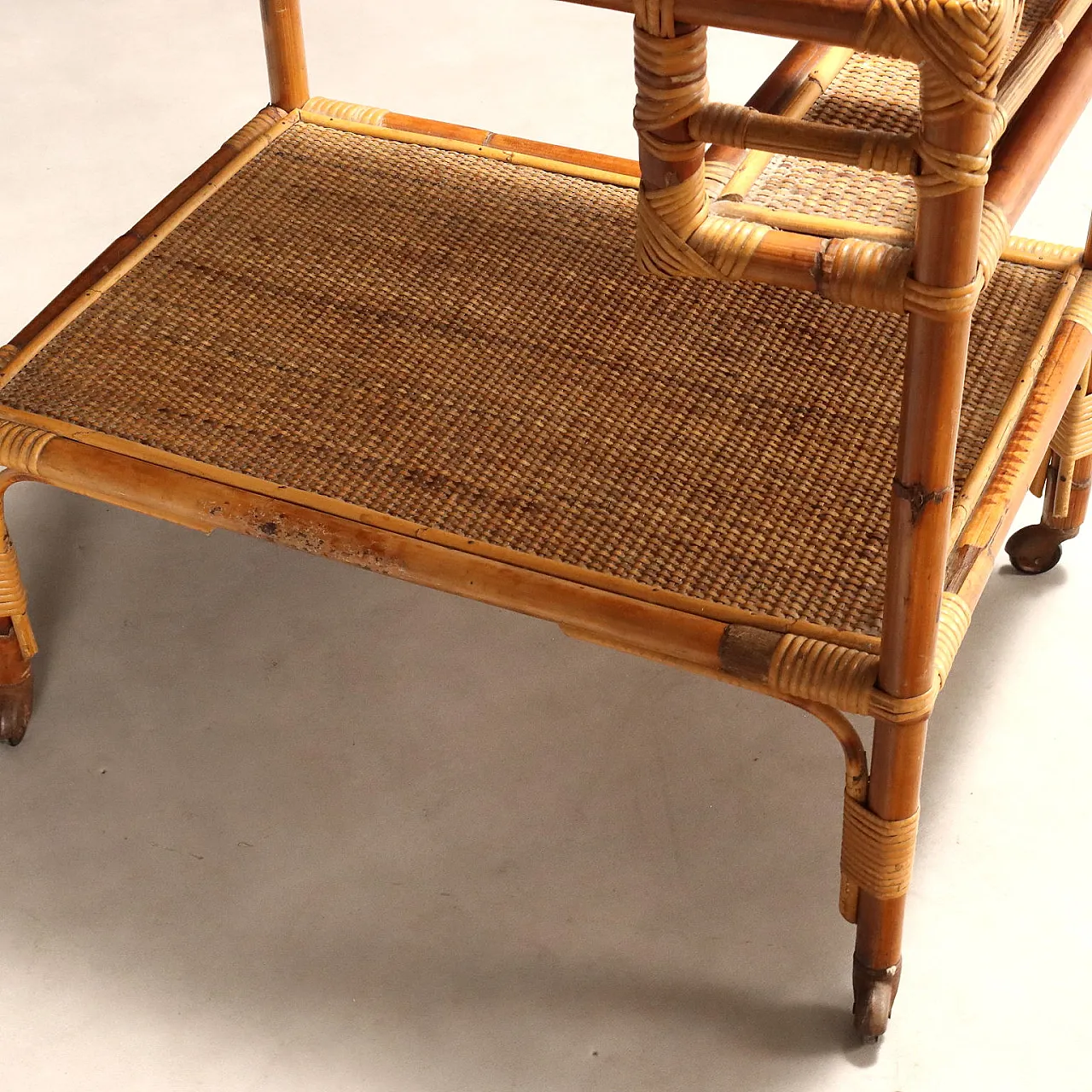 Bamboo frame kitchen cart with wicker shelves, 20th century 7