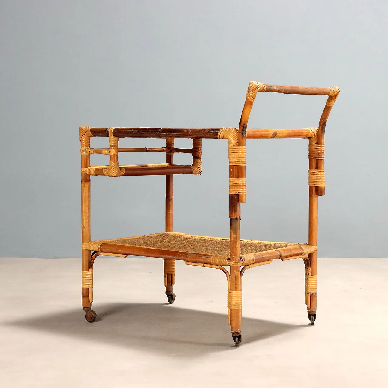 Bamboo frame kitchen cart with wicker shelves, 20th century 8