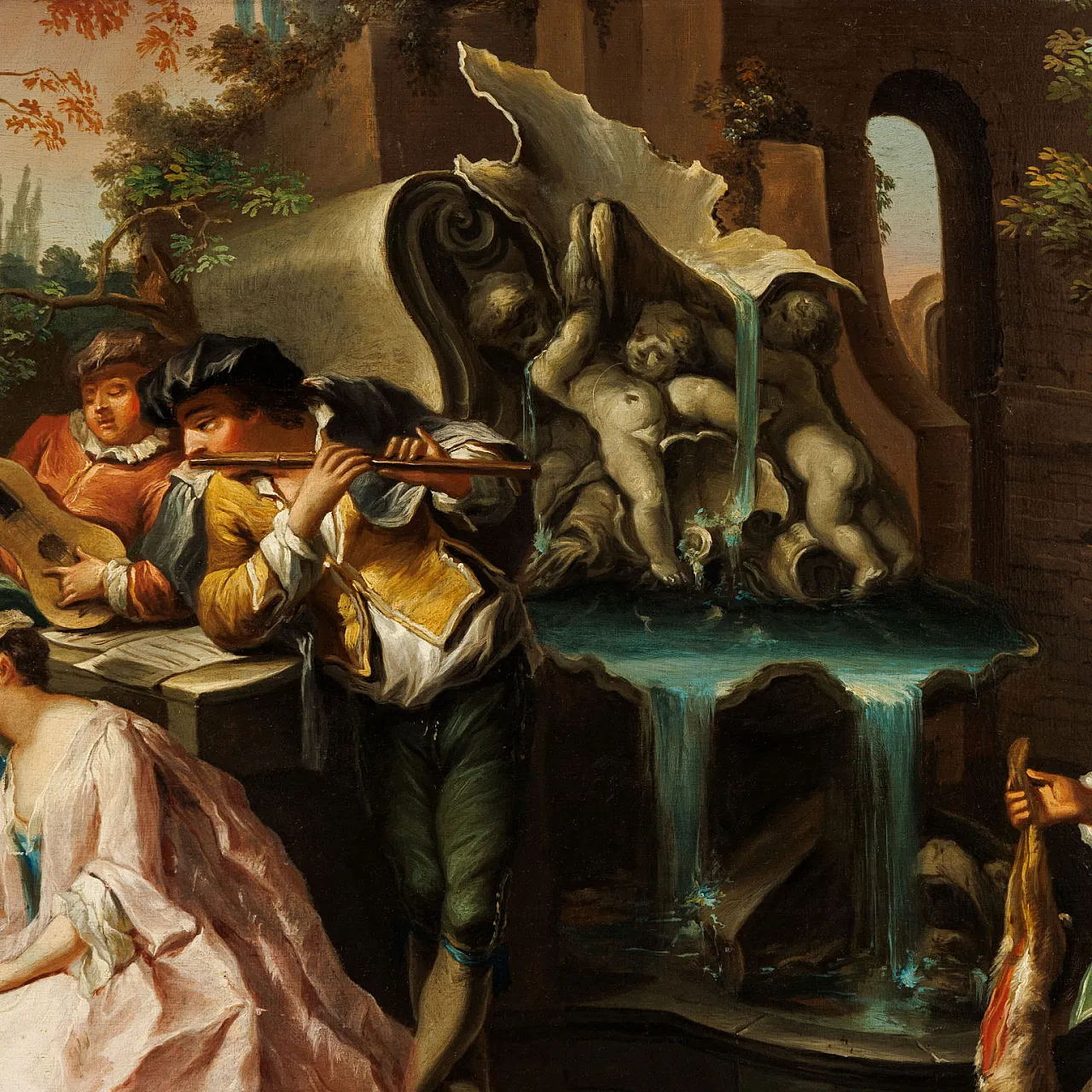 Festa galante nel parco, dipinto a olio su tavola, metà '700 7