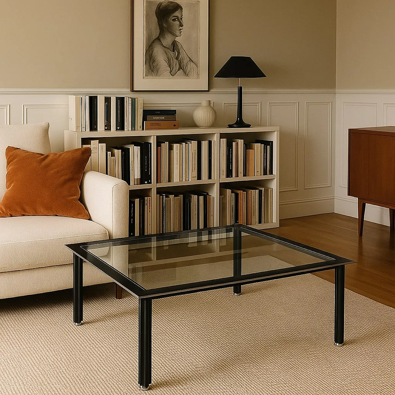 Tavolino in metallo smaltato e cromato con piano in vetro, '900 2