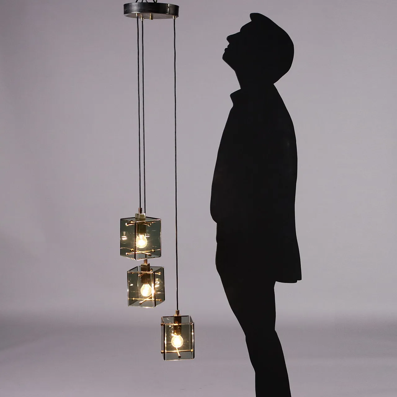 Lacquered metal chandelier with glass shade, 1960s 2