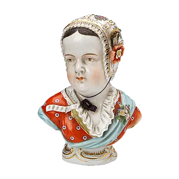 Mezzo busto di fanciulla in porcellana dipinta policroma, '800