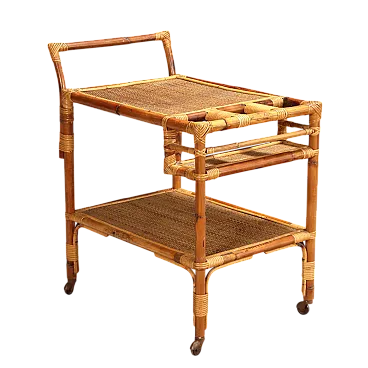 Bamboo frame kitchen cart with wicker shelves, 20th century
