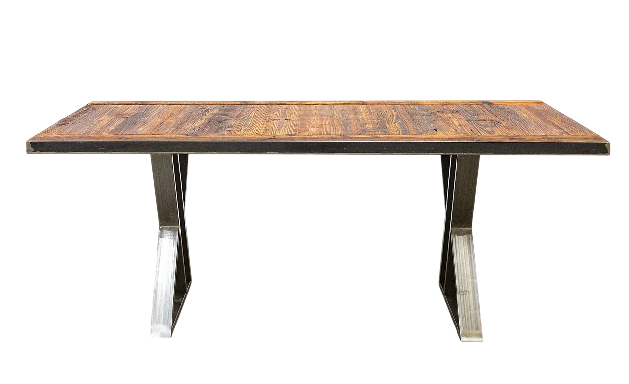 Industrial style handcrafted table in wood and steel, 20th century 11