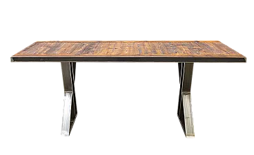 Industrial style handcrafted table in wood and steel, 20th century