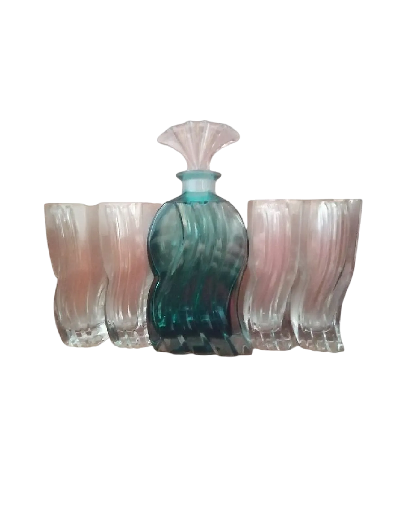 Bottiglia con 4 bicchieri con disegno ad onde di Murano, anni '70 5