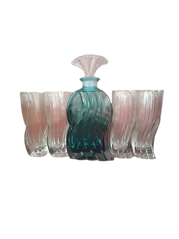 Bottiglia con 4 bicchieri con disegno ad onde di Murano, anni '70