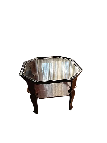Octagonal coffee table with double glass and wood shelf