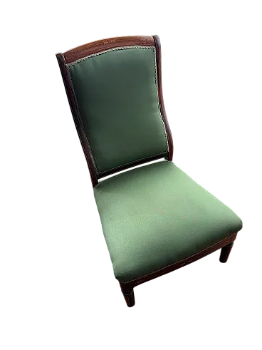 Armchair with curved backrest in wood and fabric, 20th century