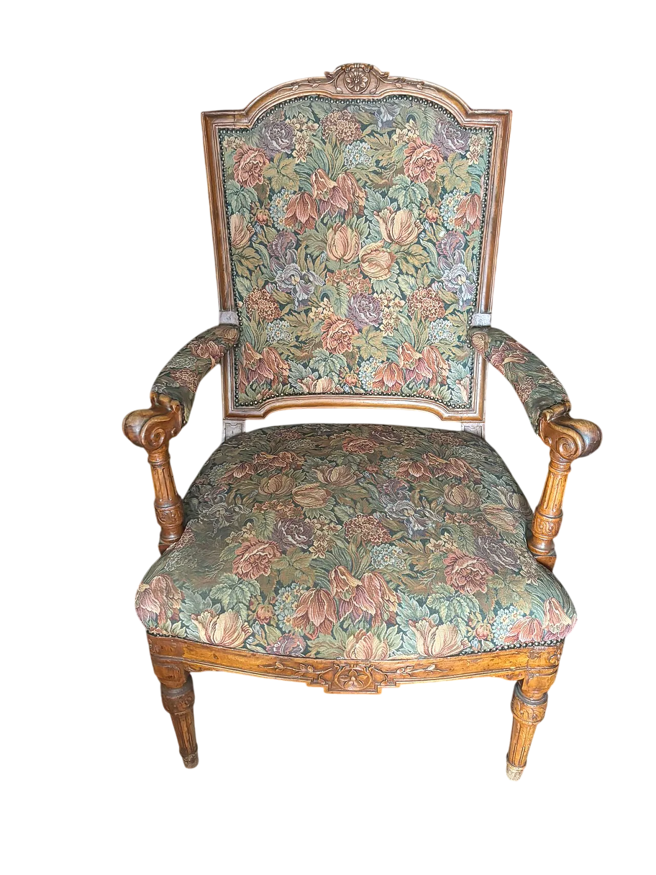 Carved wooden armchair with floral fabric, 50s 4