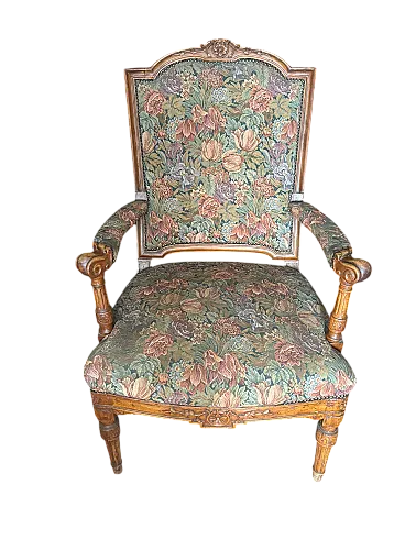 Poltrona in legno intagliato con tessuto floreale, anni '50