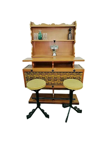 Mobile bar rustico con 2 sgabelli, anni '60