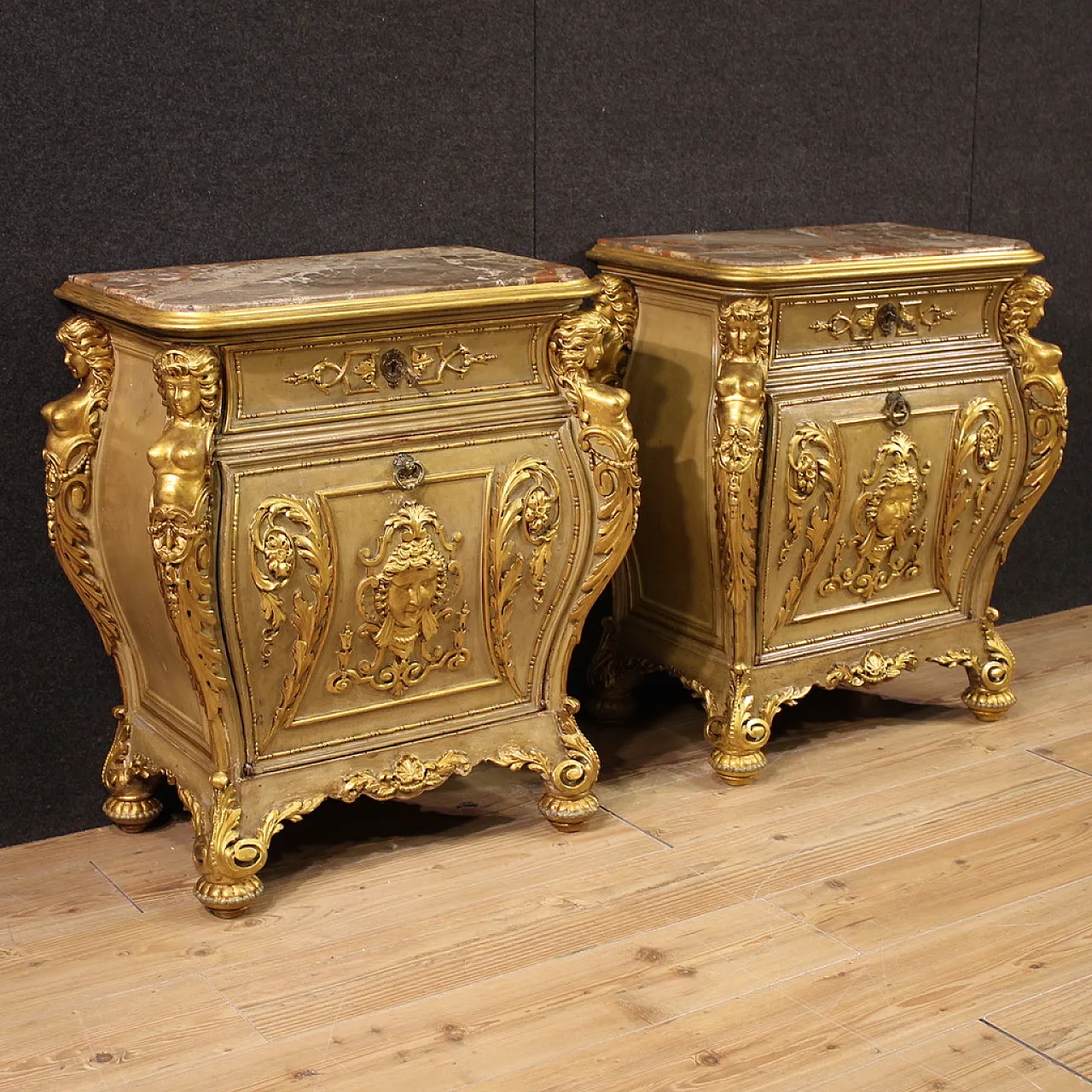 Pair of Italian lacquered and gilded bedside tables, 20th century 1