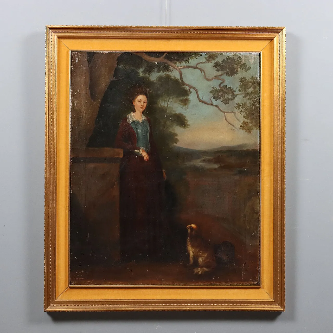 Ritratto di una giovane donna con il suo cane, olio su tela, '800 1