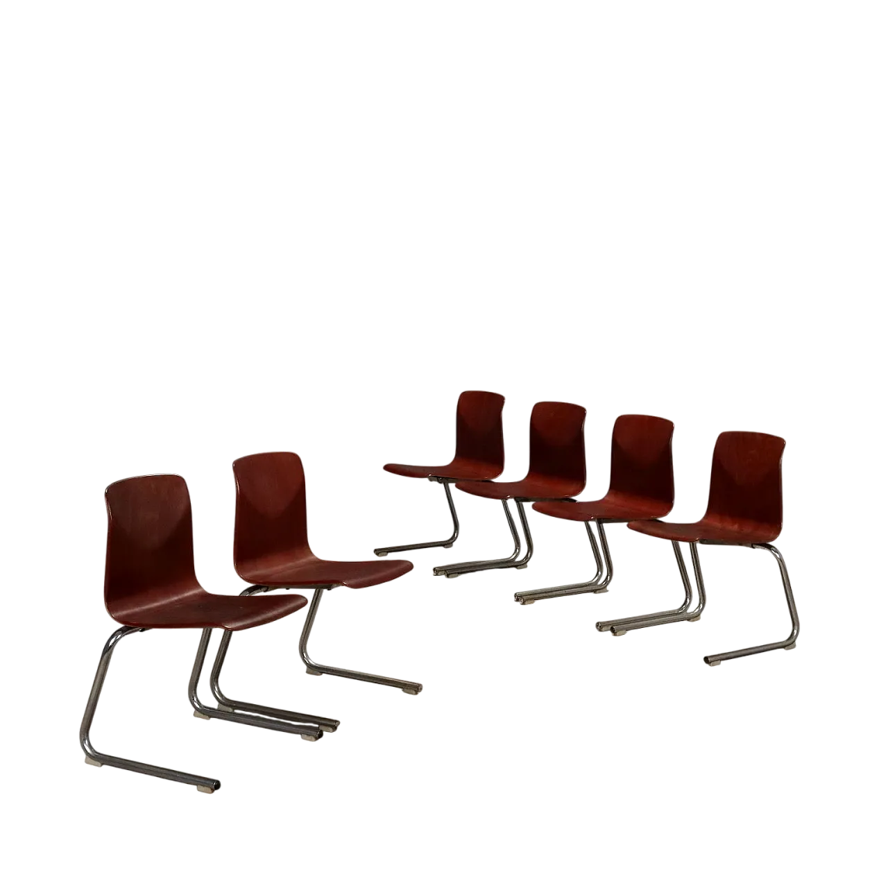 6 Sedie in metallo cromato e scocche in multistrato curvato, '900 9