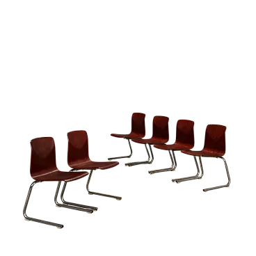 6 Sedie in metallo cromato e scocche in multistrato curvato, '900