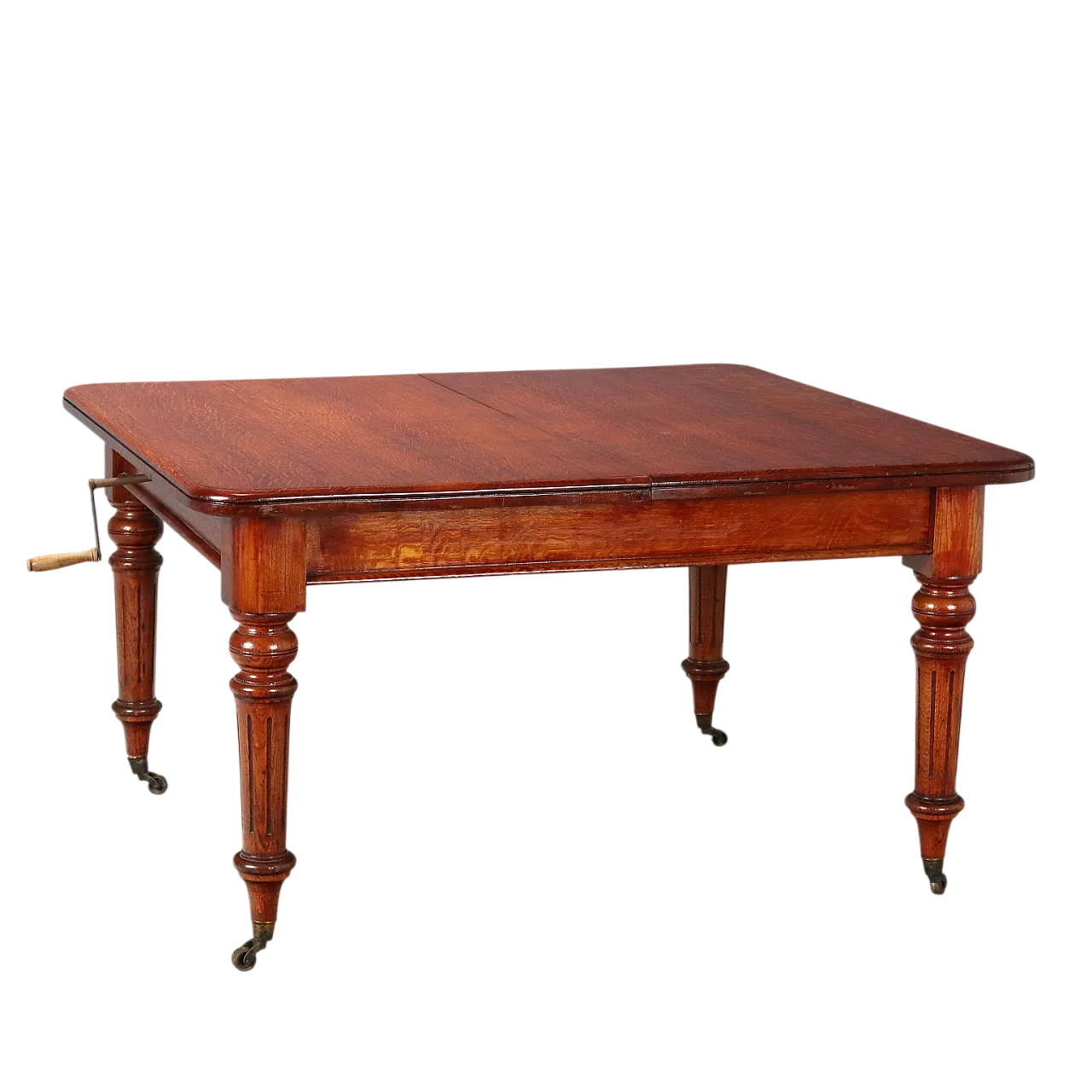 Tavolo in rovere tinto mogano con rotelle in ottone, metà '800 11