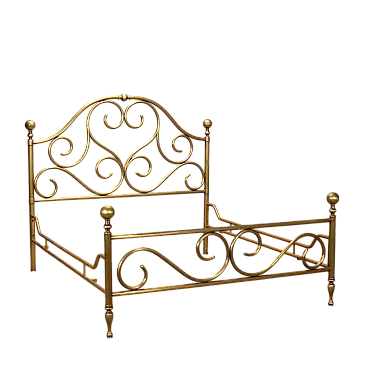 Letto matrimoniale in ottone con particolari arricciati, '900