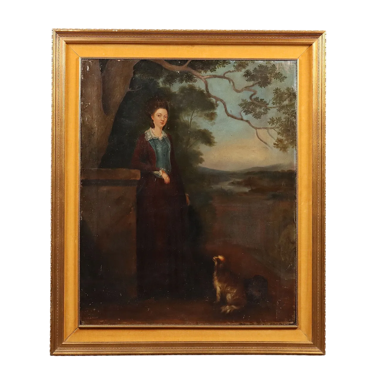 Ritratto di una giovane donna con il suo cane, olio su tela, '800 11