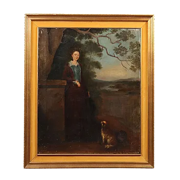 Ritratto di una giovane donna con il suo cane, olio su tela, '800