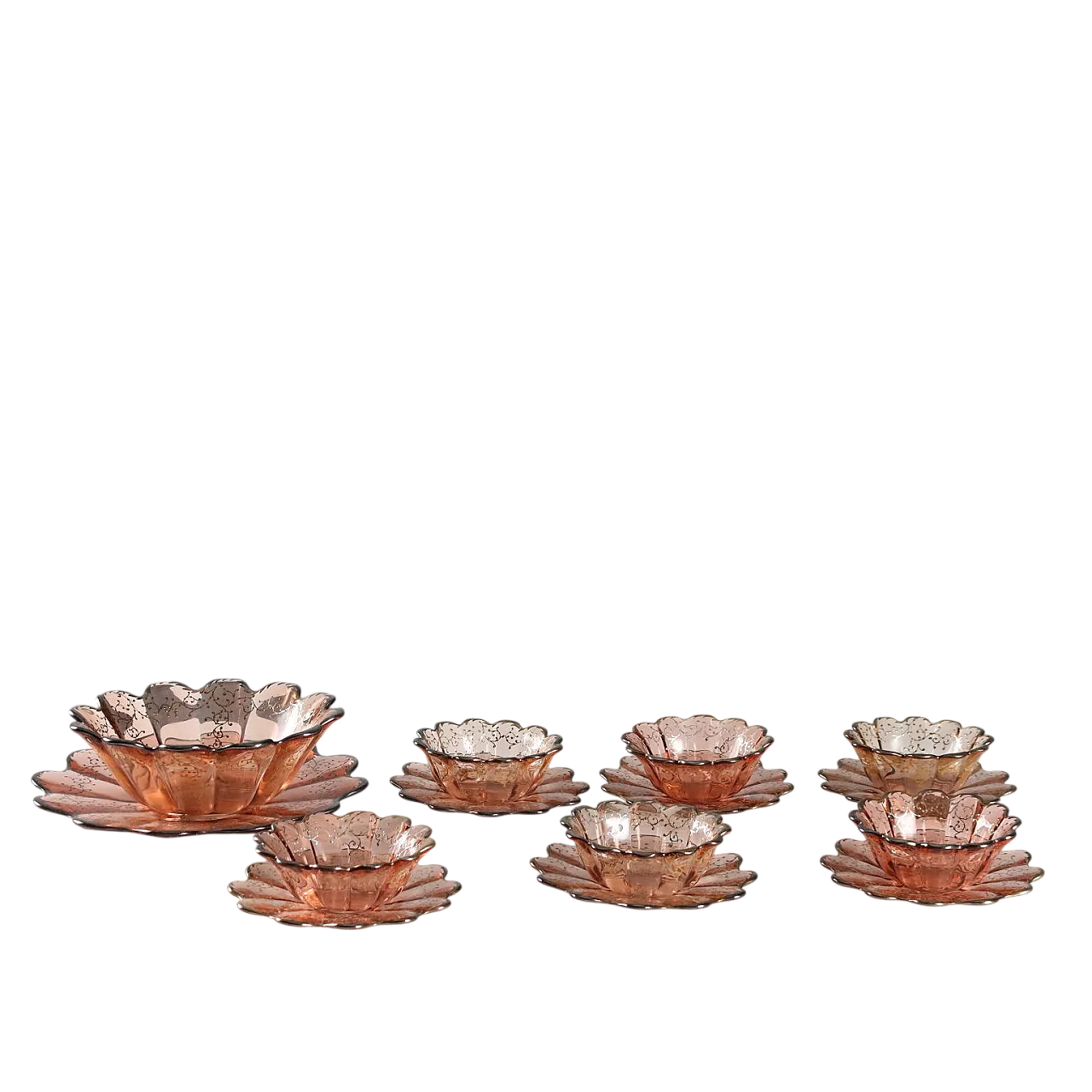 Servizio da dessert e macedonia in vetro, decorato in argento, '900 11