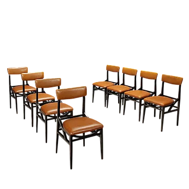 8 Sedie in legno di faggio tinto e sedile e schienali in vinile, '900